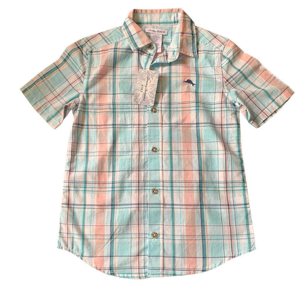 TOMMY BAHAMA Boys‎ Cotton Plaid Short Sleeve Button Down Shirt Size Medium 7/8